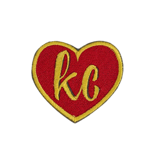 Handmade KC Heart Patch with Kansas City Chiefs colors for hats, bags, or jackets.