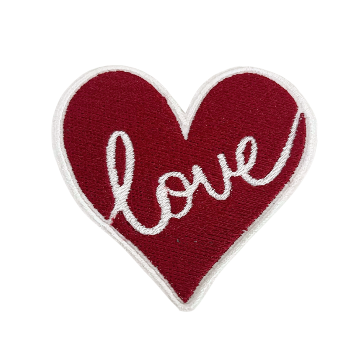 Custom embroidered heart patch with "Love" text in red, stylish and romantic.