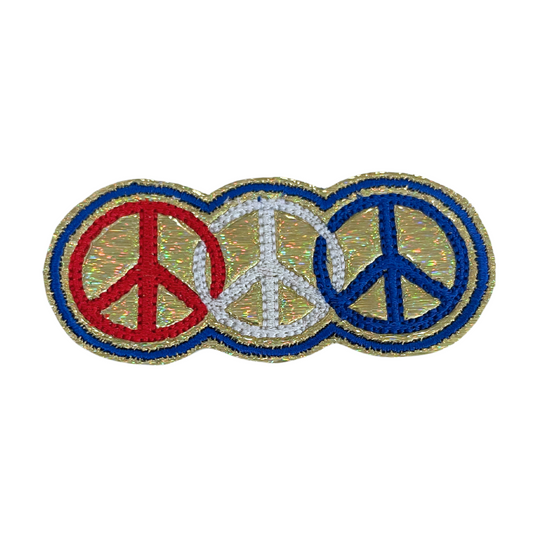 Handmade Peace Sign Patch with trio of peace signs in red, silver, and blue for hats, bags, or jackets.