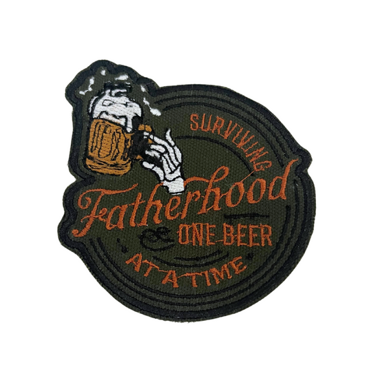 Handmade "Surviving Fatherhood One Beer at a Time" patch with beer mug design.