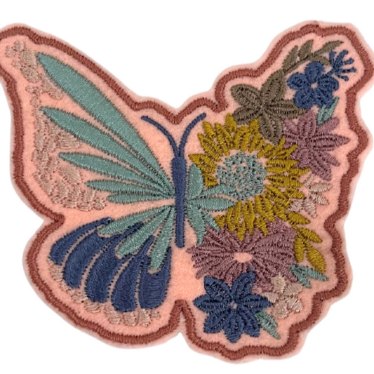 Handmade butterfly and floral patch for customizing hats, bags, or jackets.