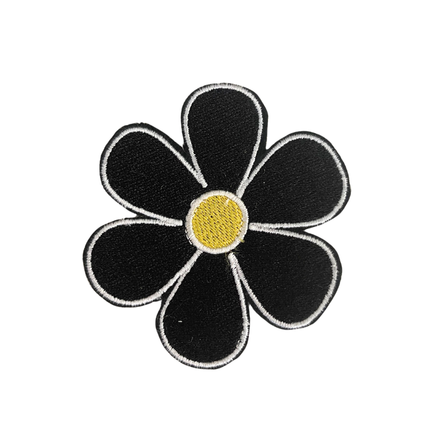 Black Daisy Embroidered Patch for hats, bags, and accessories.