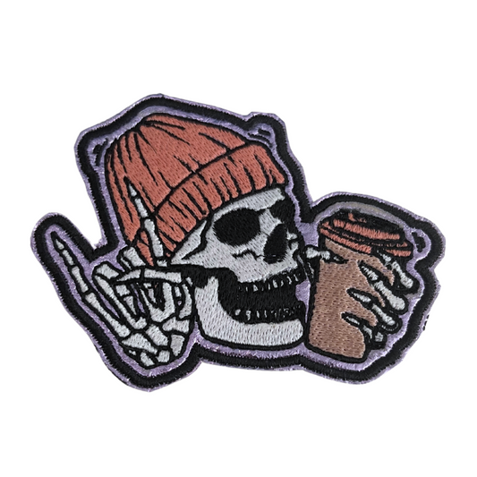 Skull Coffee Handmade Patch featuring a skull with a beanie and coffee cup for customizing hats and gear.