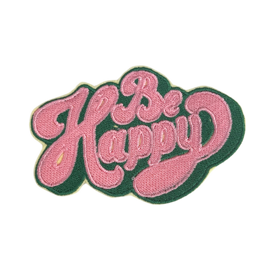 Colorful "Be Happy" patch with pink text on a green background. Perfect for hats, backpacks, and denim jackets.