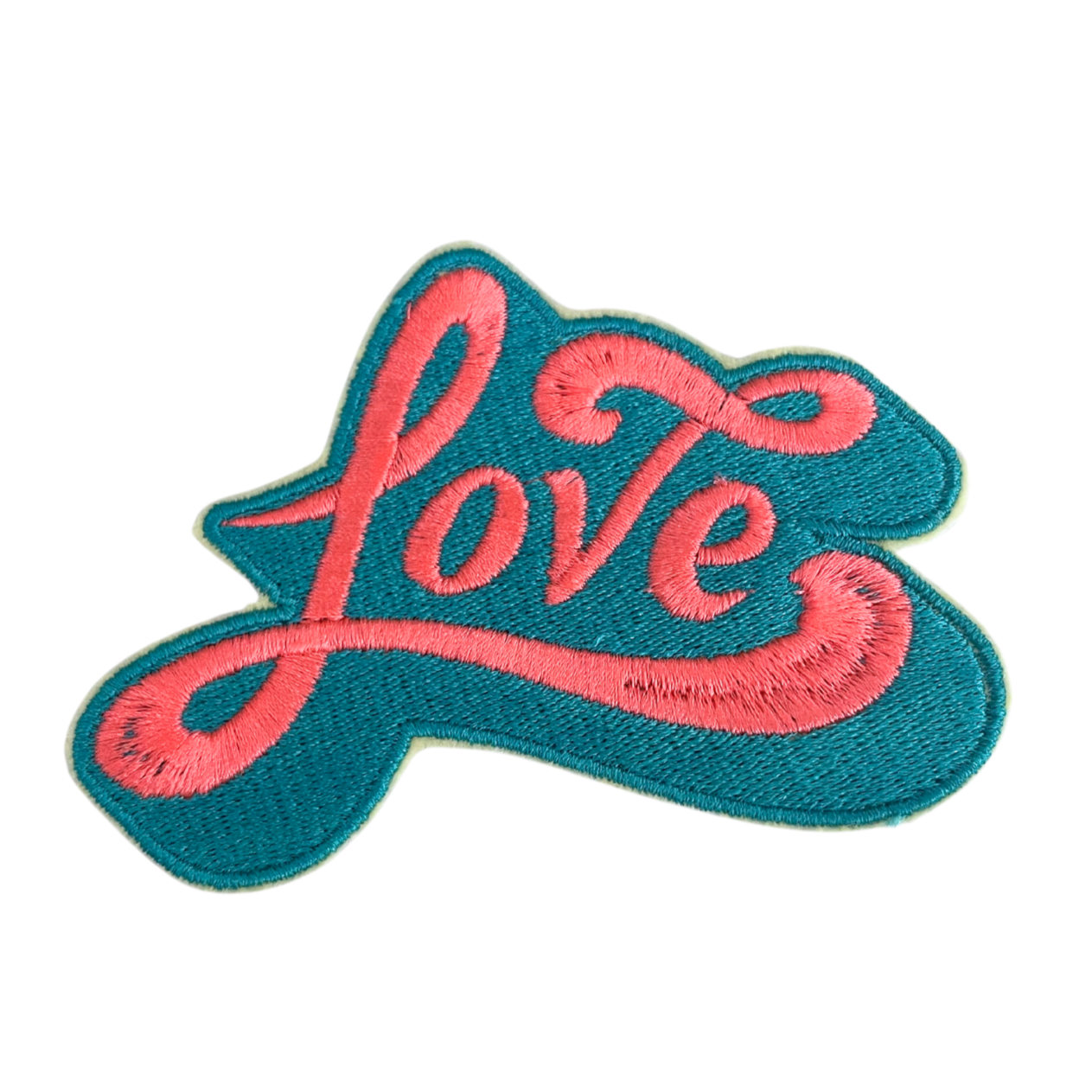 Love embroidered patch in pink and teal for hats, bags, and accessories.