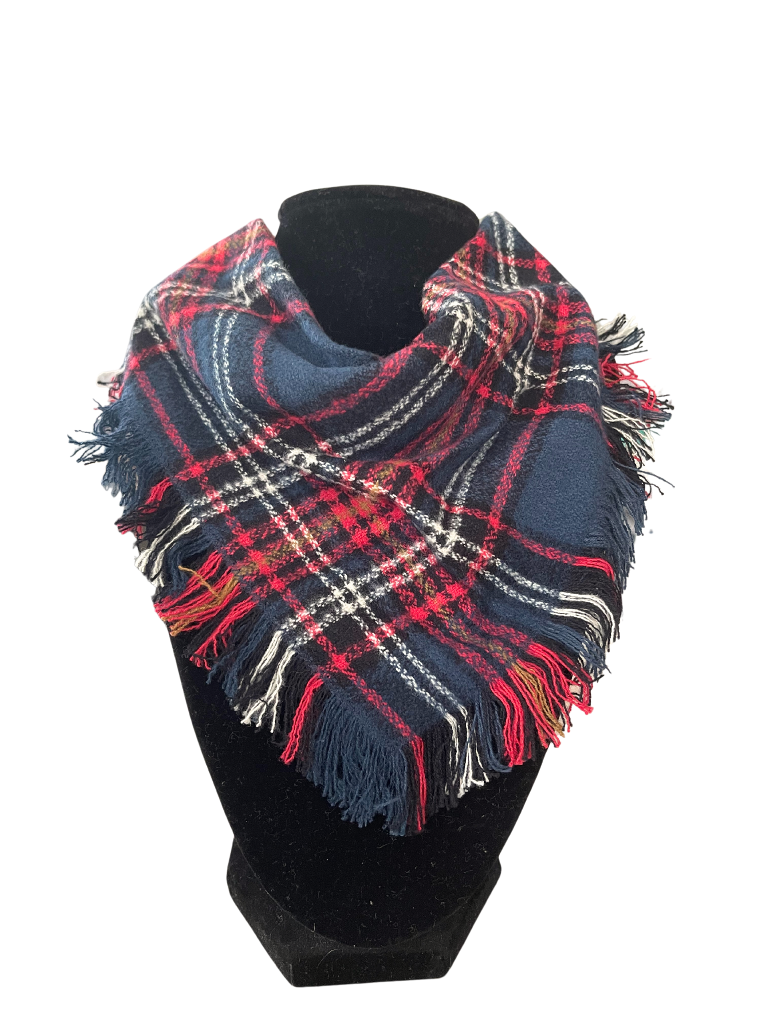 Cozy navy plaid fringe bib-dana scarf with adjustable snap closure for babies and toddlers.