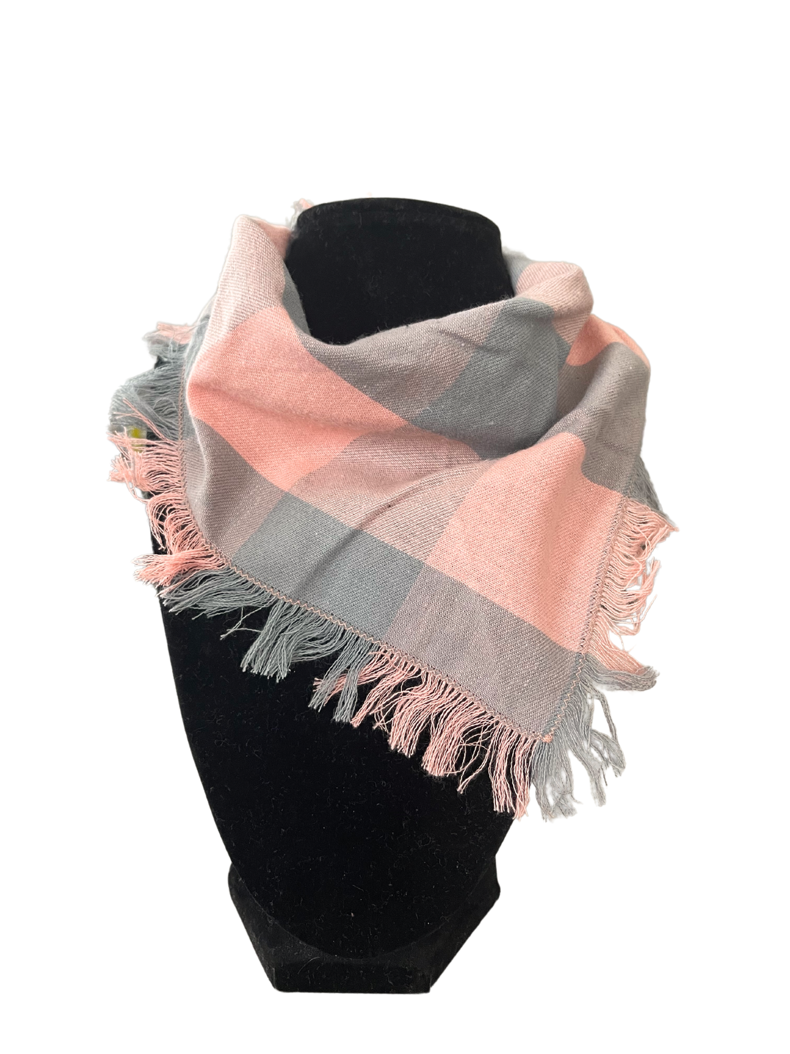 Soft pink and gray fringe bib-dana scarf for babies with adjustable snap closure.