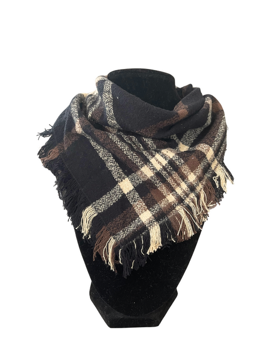 Classic brown plaid fringe bib-dana scarf for babies and toddlers on display, handmade in Kansas City.