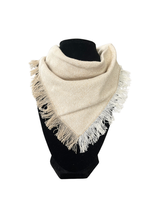 Elegant cream fringe bib-dana scarf for babies, handmade with adjustable snap closure.