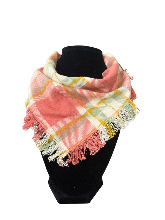 Soft pastel plaid fringe bib-dana scarf for babies, peach mint green yellow white, adjustable snap closure.