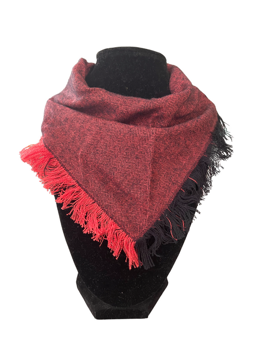 Classic red herringbone fringe bib-dana scarf for babies and toddlers on display.
