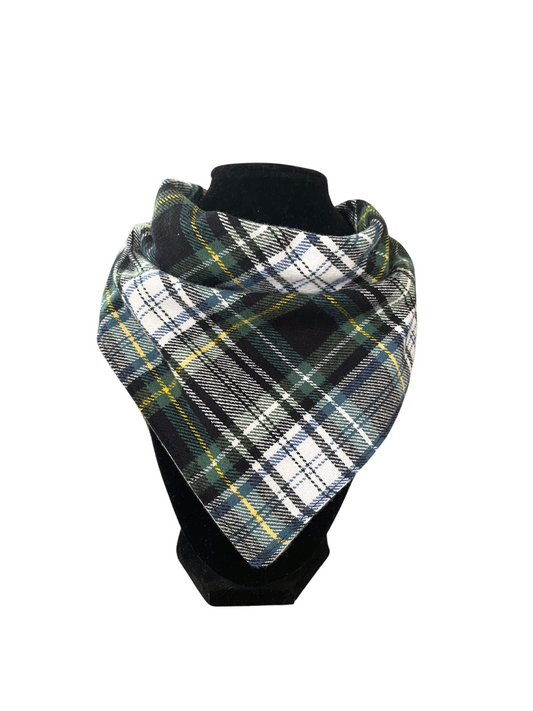 Reversible plaid bib-dana with adjustable snap closures for babies and kids.