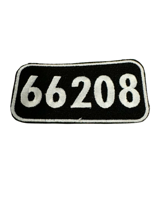 66208 white numbers on black background embroidered patch.