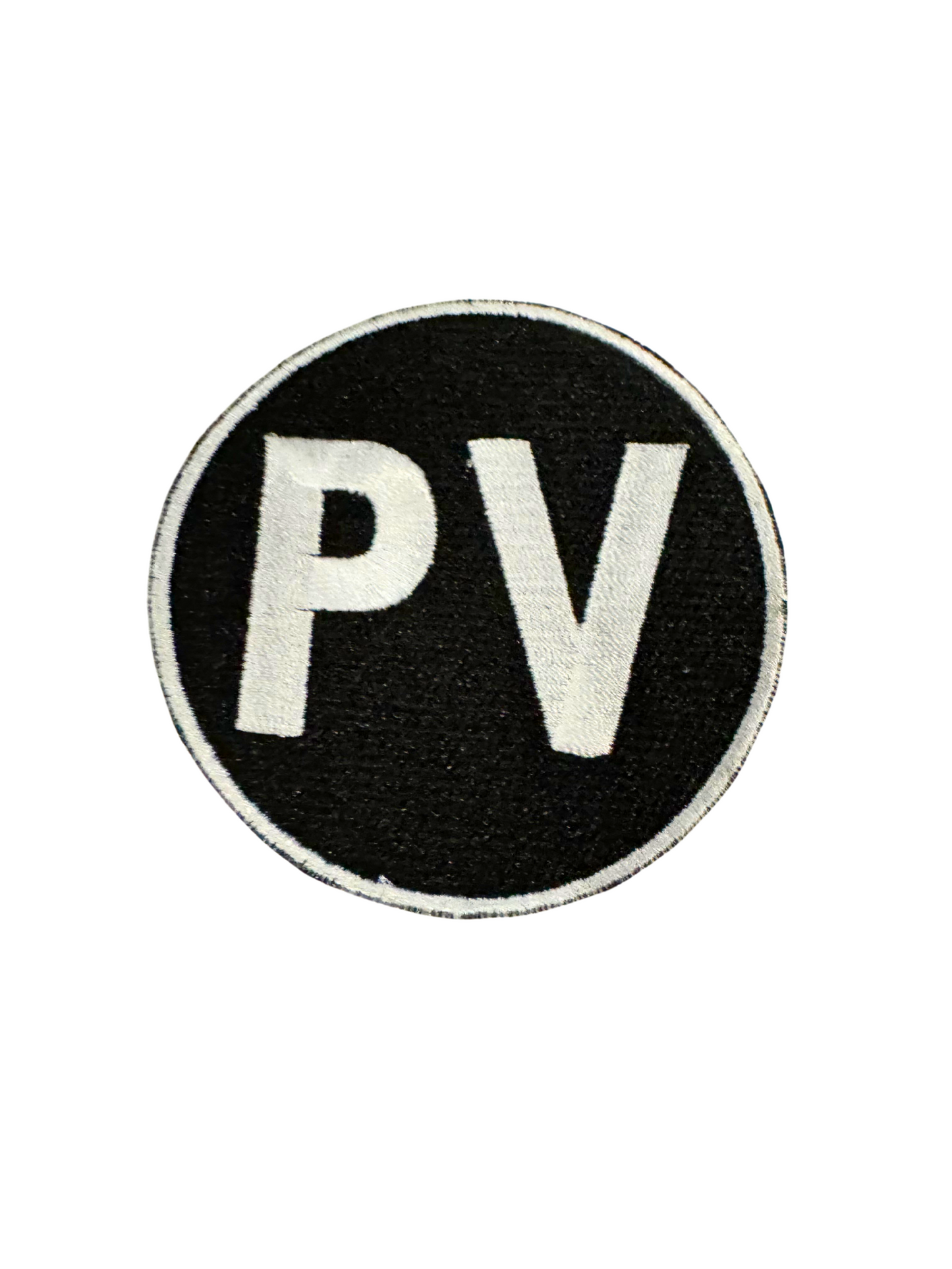 PV white letters on black background patch.
