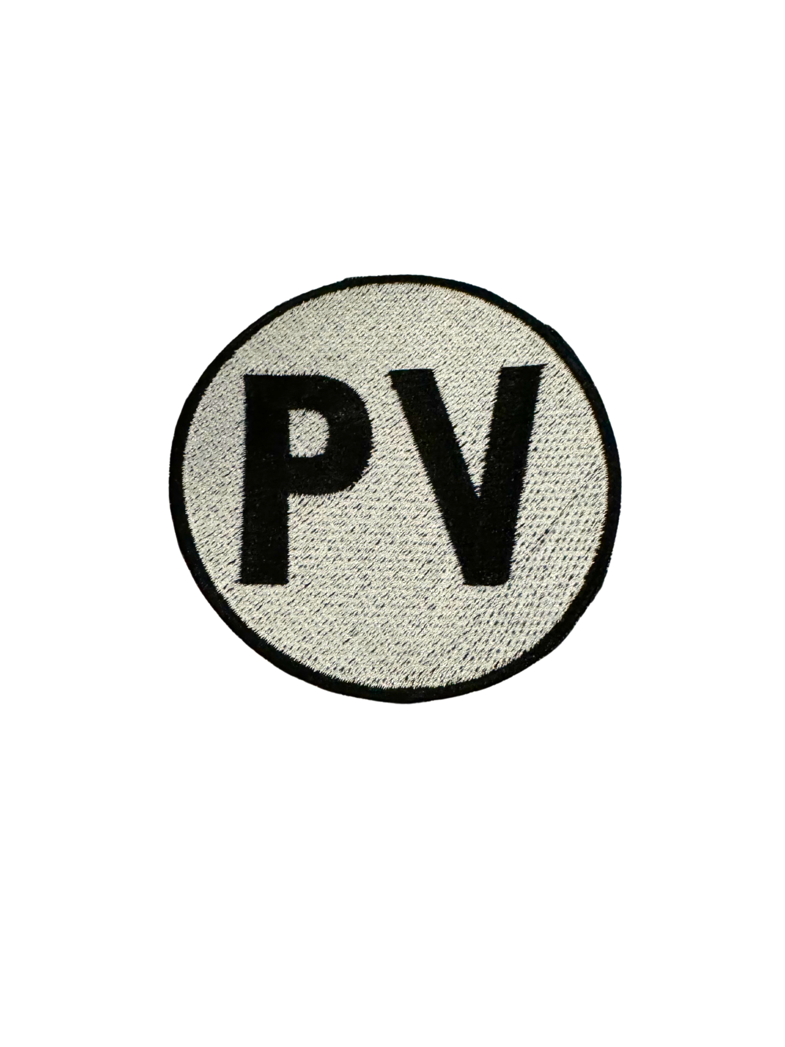 PV BLACK ON WHITE large patch with bold black letters.