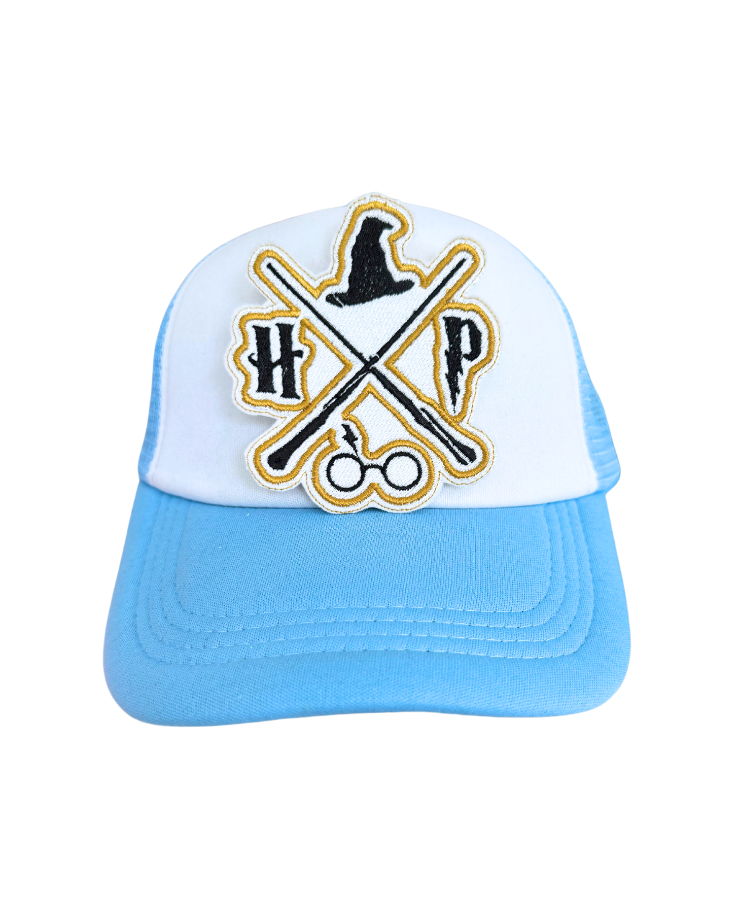 Harry Potter HP Crossed Wands handmade patch on a blue and white trucker hat