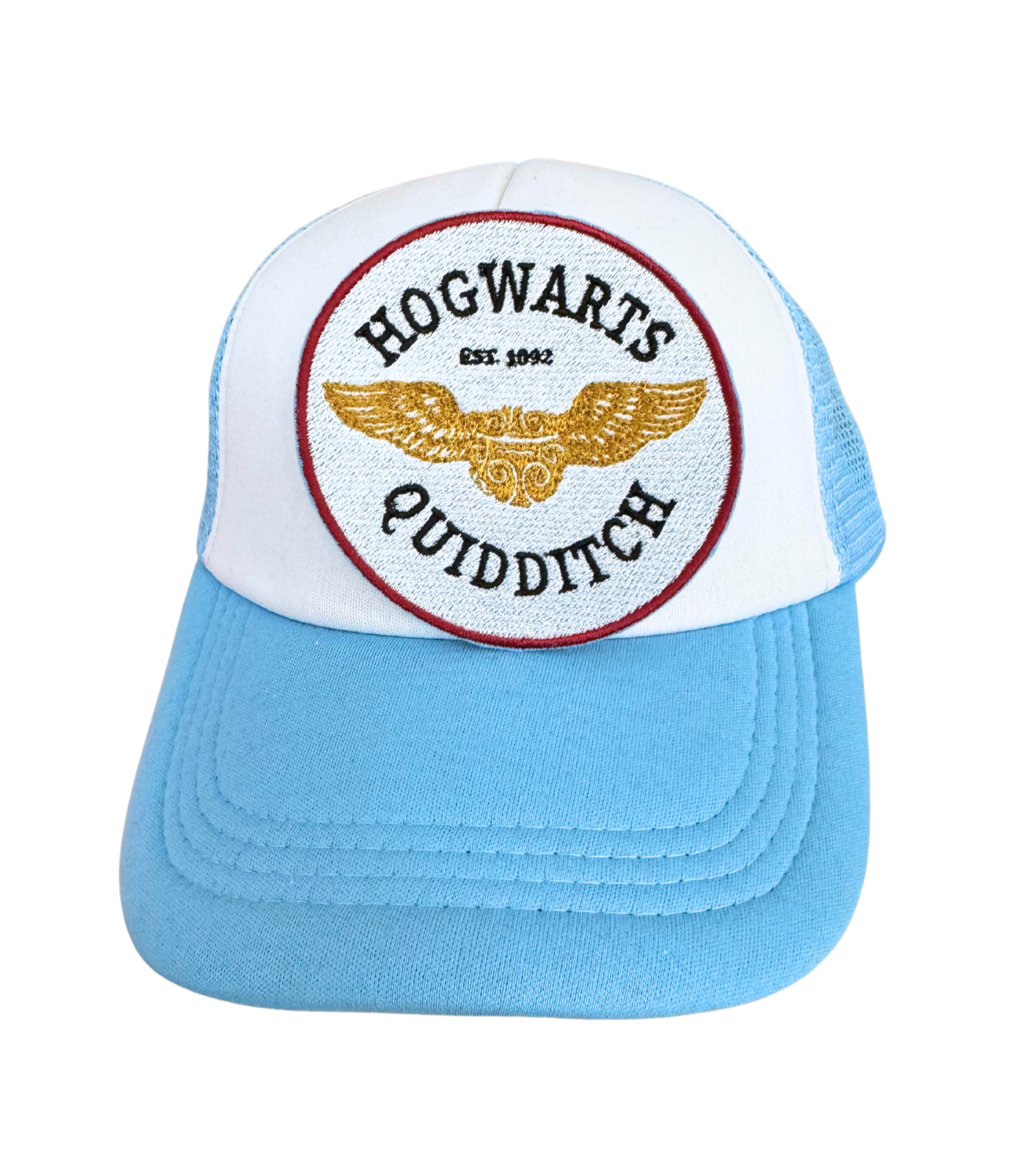 Handmade Hogwarts Quidditch patch with gold wings and black text.