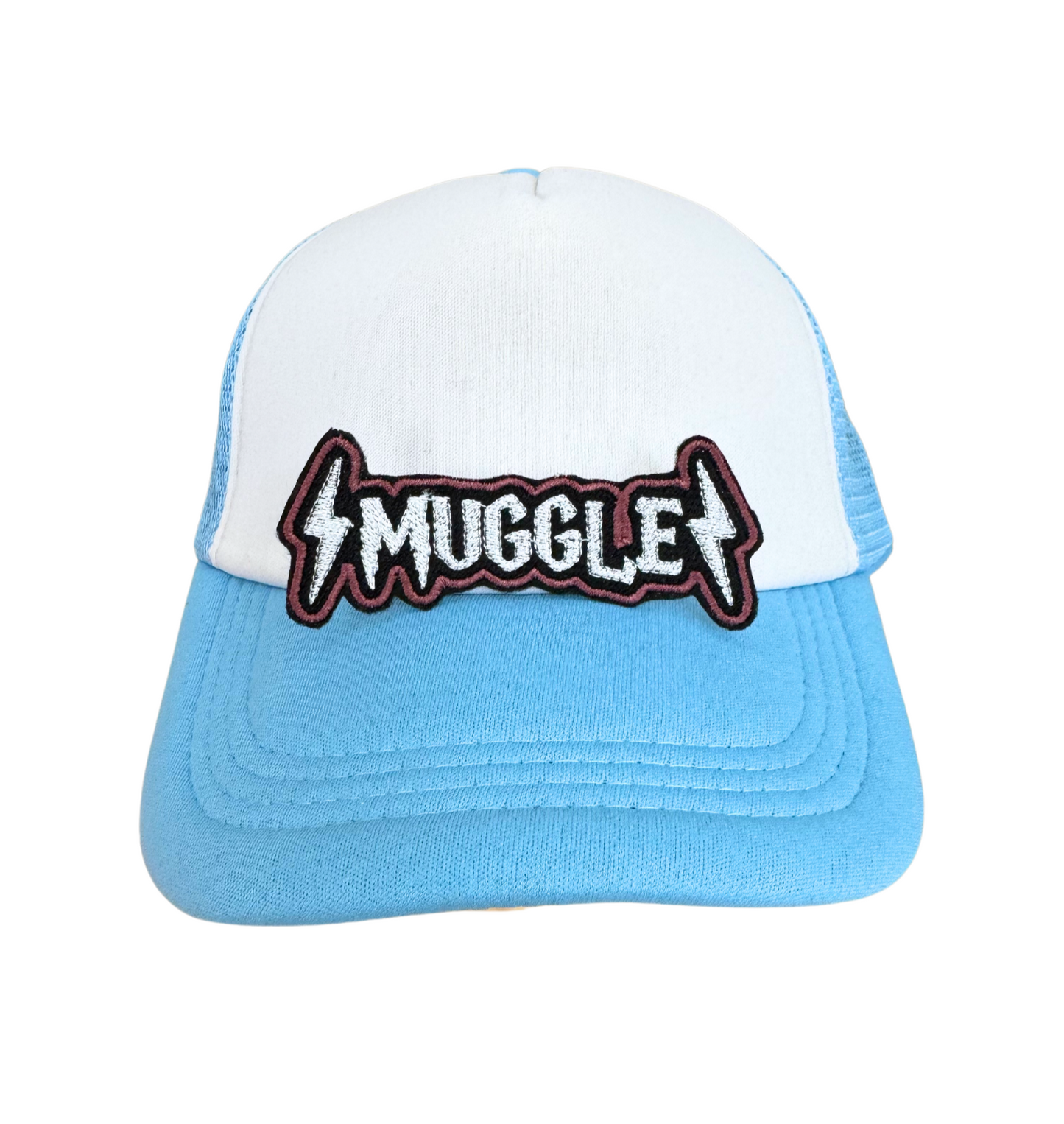 Close-up view of a Muggle Magic Embroidered Patch with lightning bolts.