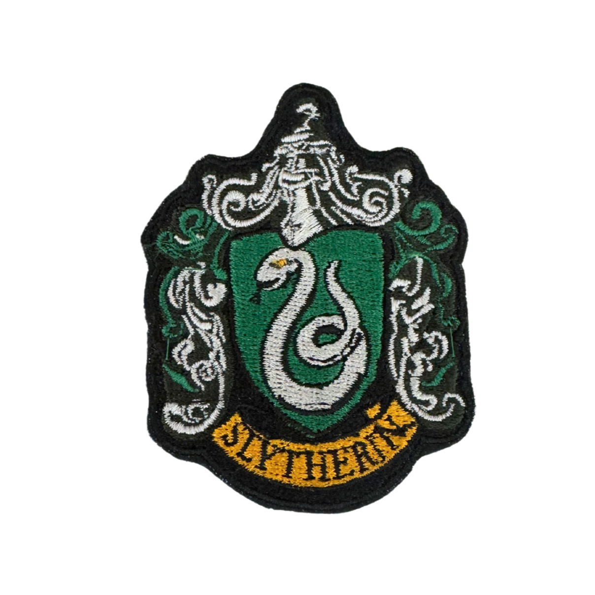Handmade Slytherin House Crest embroidered patch with detailed green and silver design.