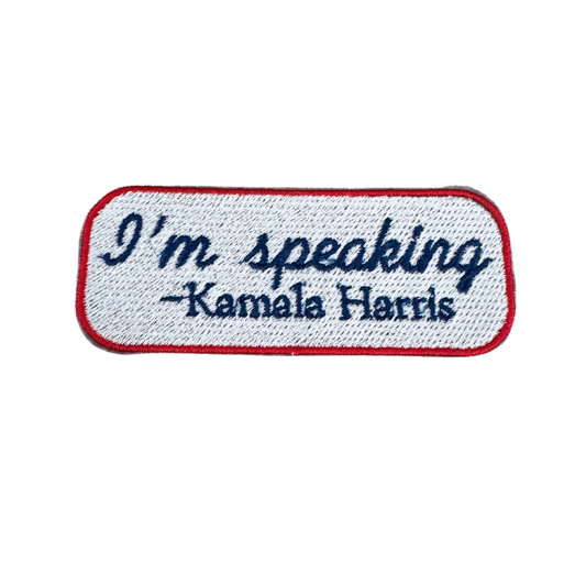 Handmade "I'm Speaking" Kamala Harris patch for custom hats and accessories.