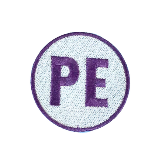 Prairie Elementary "PE" purple and white handmade patch for personalization.