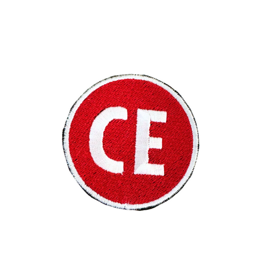 Corinth Elementary "CE" handmade patch, red and white round design.