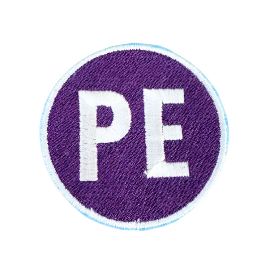 Prairie Elementary PE patch in purple and white with customizable design.