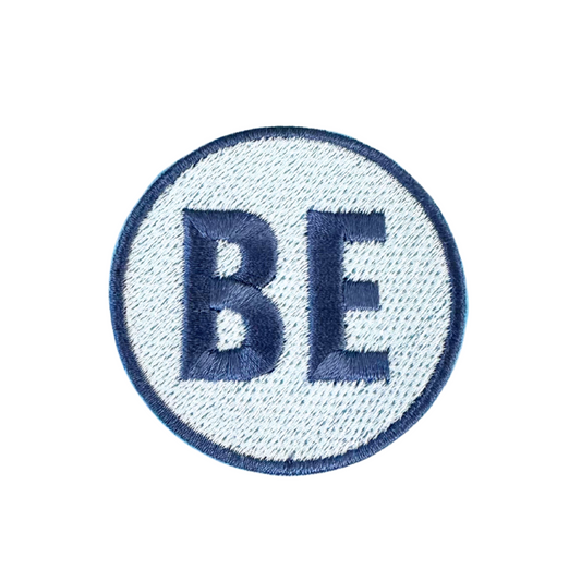 Belinder Elementary "BE" patch in navy blue.