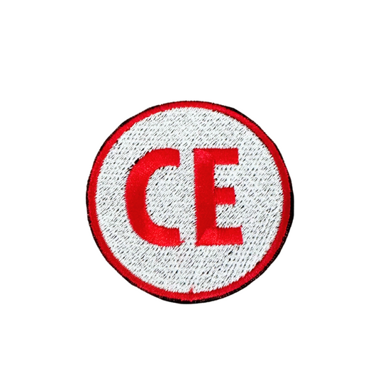 Corinth Elementary CE handmade patch in red and white for accessories customization.
