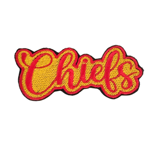 "Chiefs" red and yellow handmade patch, bold and vibrant design.