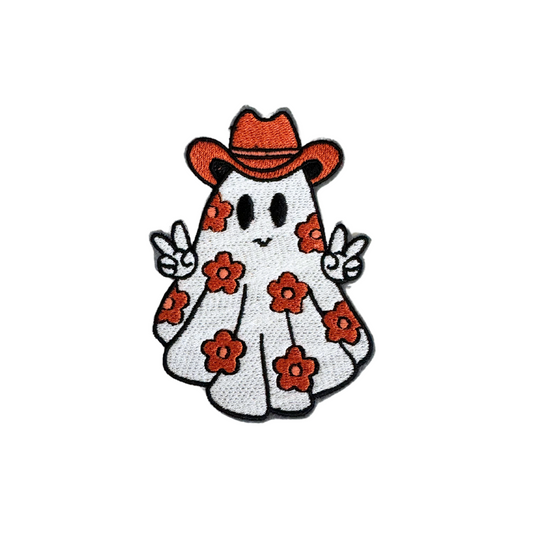 Cowboy Ghost Patch with floral print and peace sign.