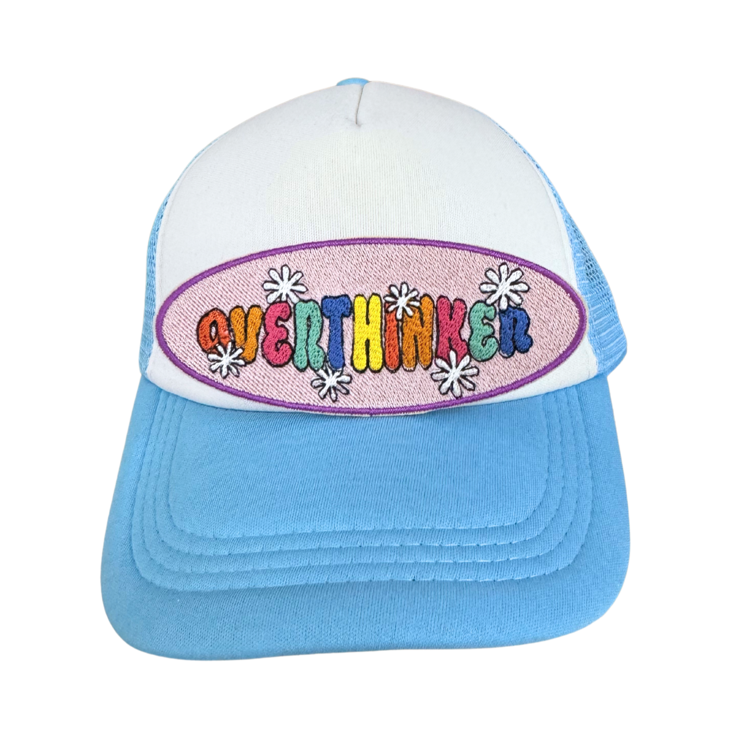 Overthinker patch with retro lettering and daisy accents.

