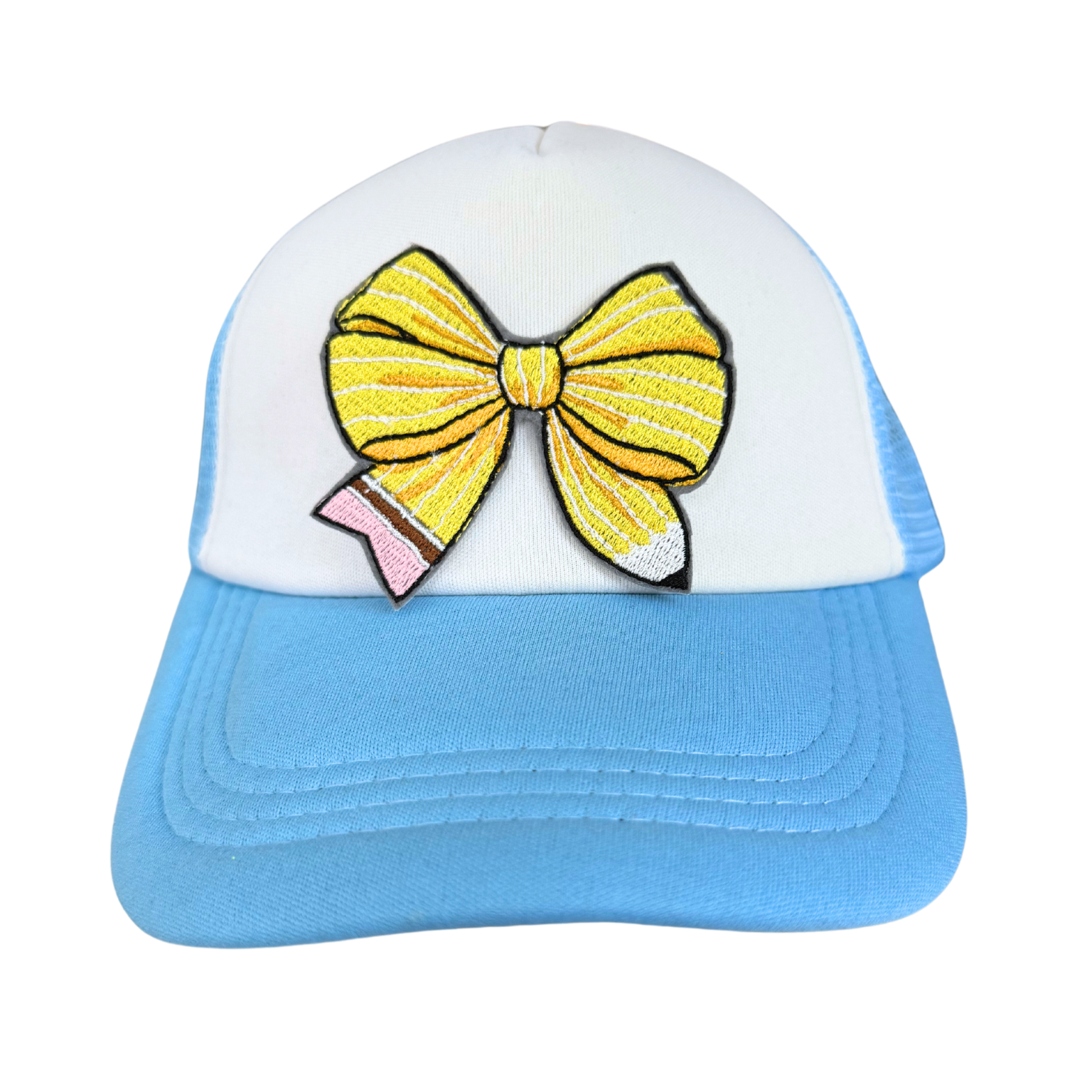 Pencil bow patch with yellow, pink, and black details, perfect for back-to-school themes.

