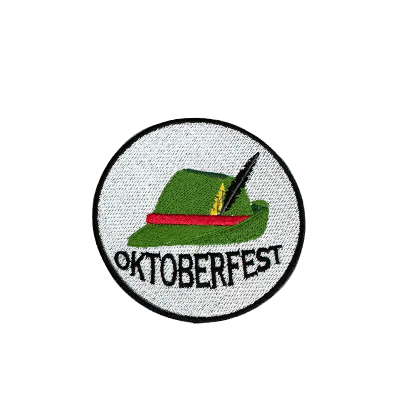 Oktoberfest hat patch with feather and festive design for custom accessories.