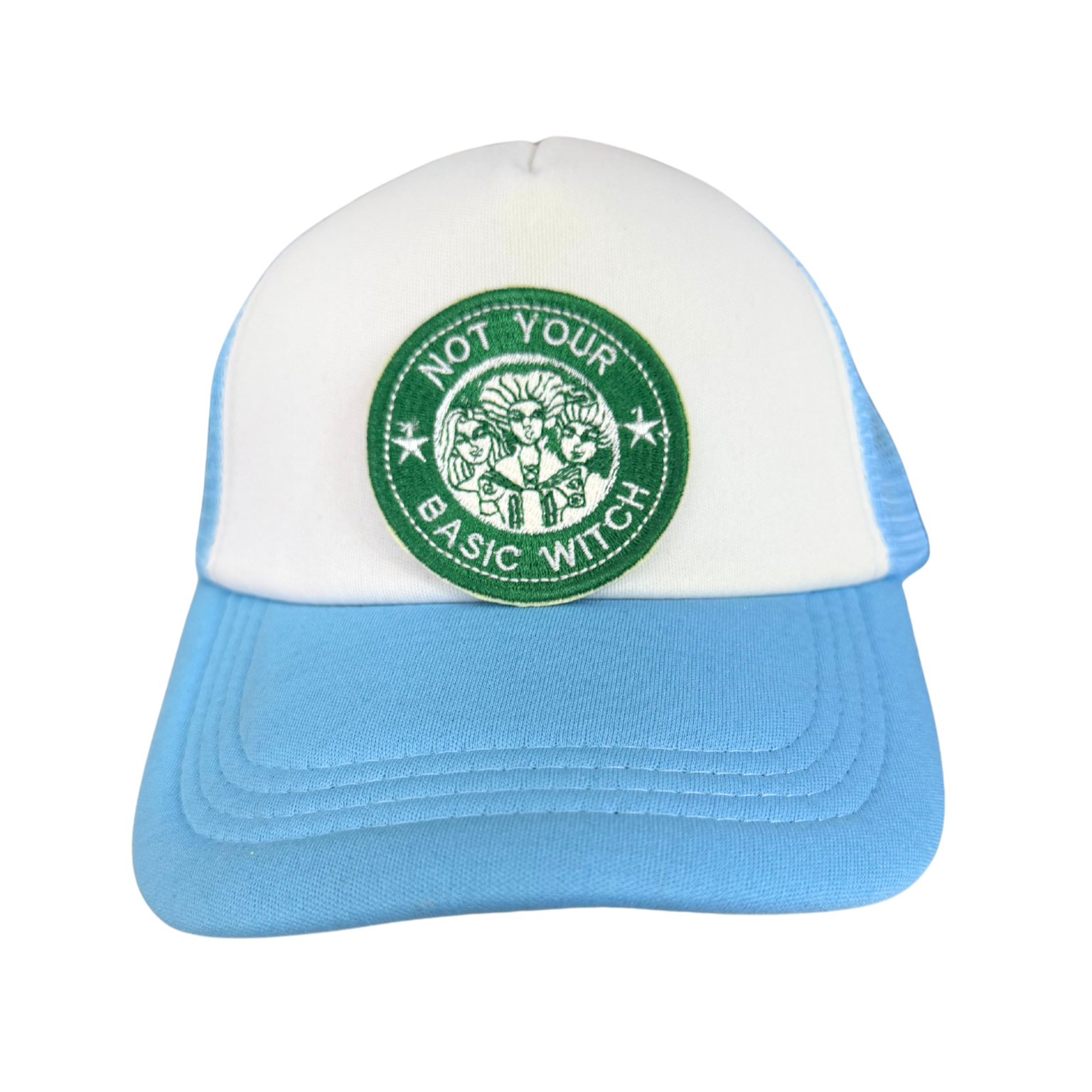 Green embroidered "Not Your Basic Witch" patch inspired by Hocus Pocus and Starbucks.

