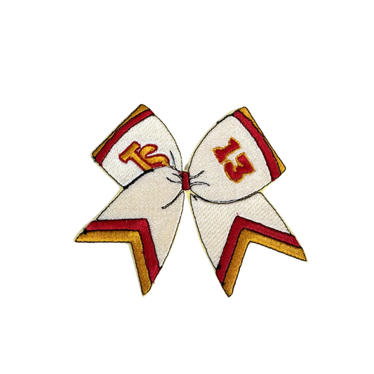 Taylor Swift Lucky 13 Chiefs Colors Bow Patch for hats, backpacks, or jackets.