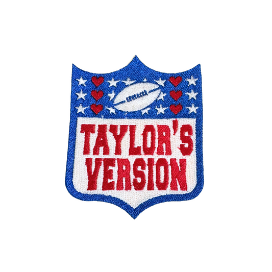 NFL-inspired patch with "Taylor's Version" text, featuring football and heart details.
