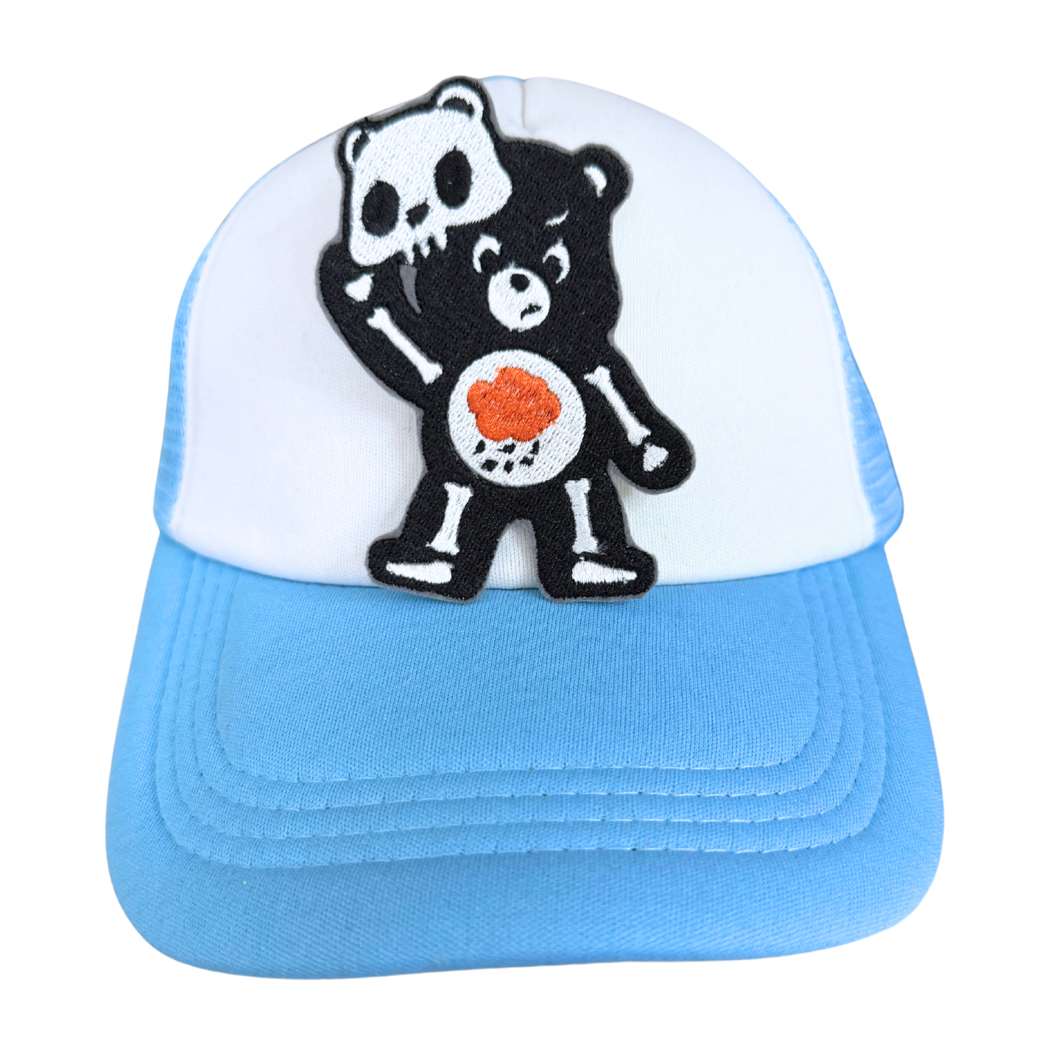 Black Skeleton Bear patch with a heart design, showcasing a spooky yet adorable vibe.


