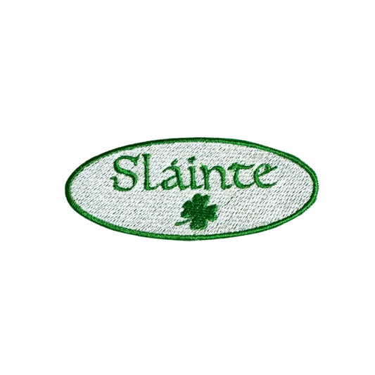 Sláinte Shamrock Patch with green border and shamrock design.