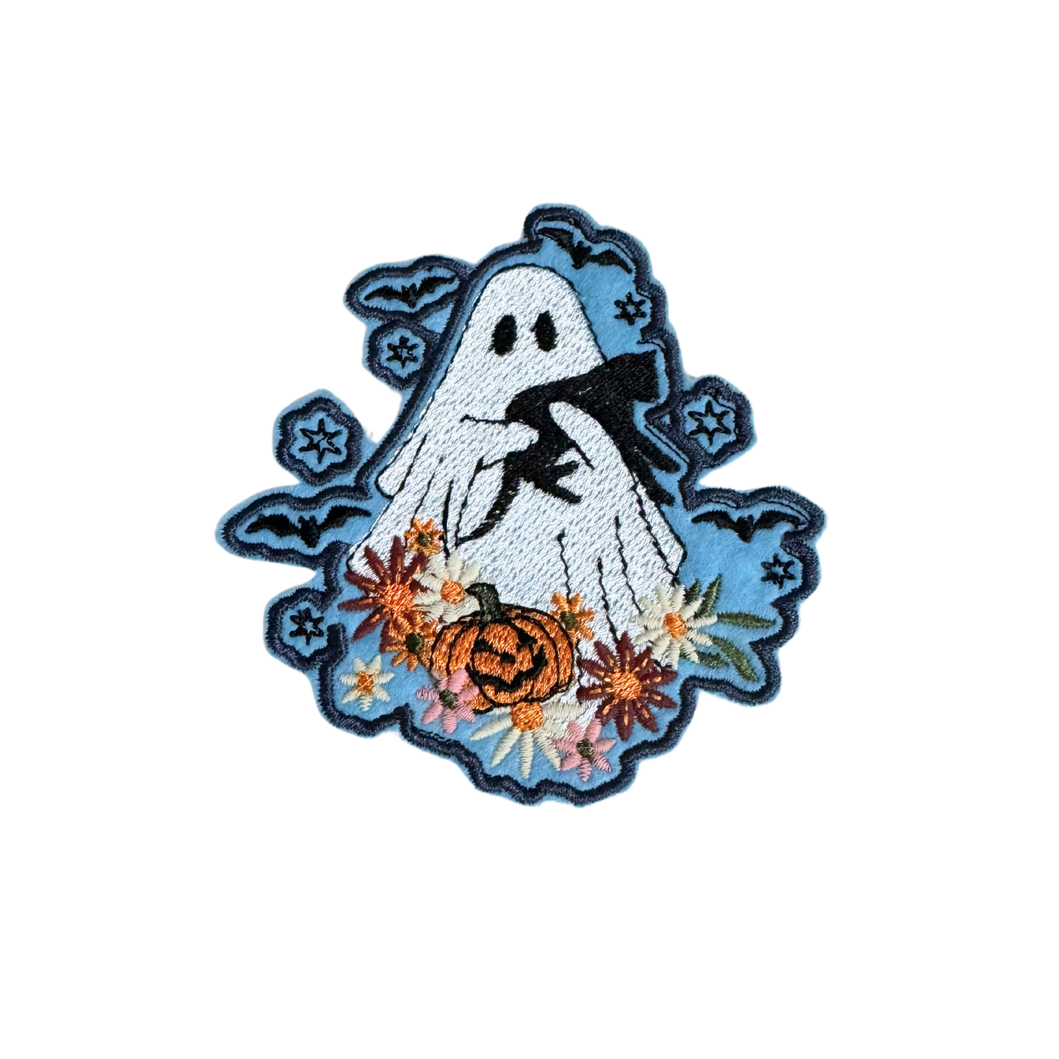 Haunted Harvest Ghost Patch with floral details and pumpkin, perfect Halloween accessory.