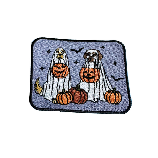 Spooky Pups Halloween Patch with ghost dogs and pumpkins.