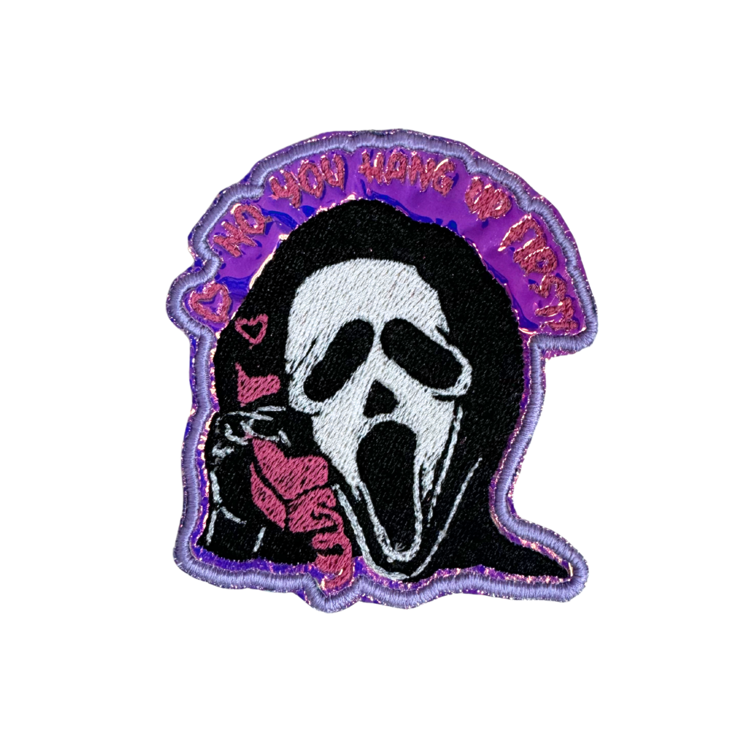 Ghost Face patch with pink phone and retro horror vibes.