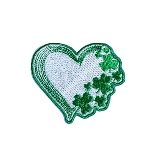 Shamrock heart handmade patch for Kansas City Irish Fest and St. Patrick's Day with green shamrocks.