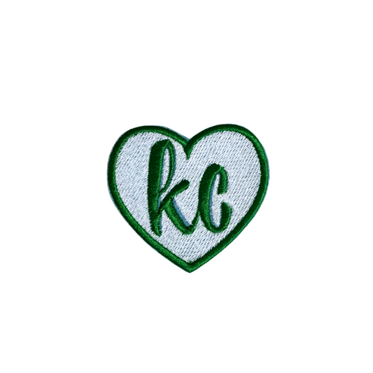 KC Heart Patch featuring green and white design for Kansas City Irish Fest and St. Patrick's Day.