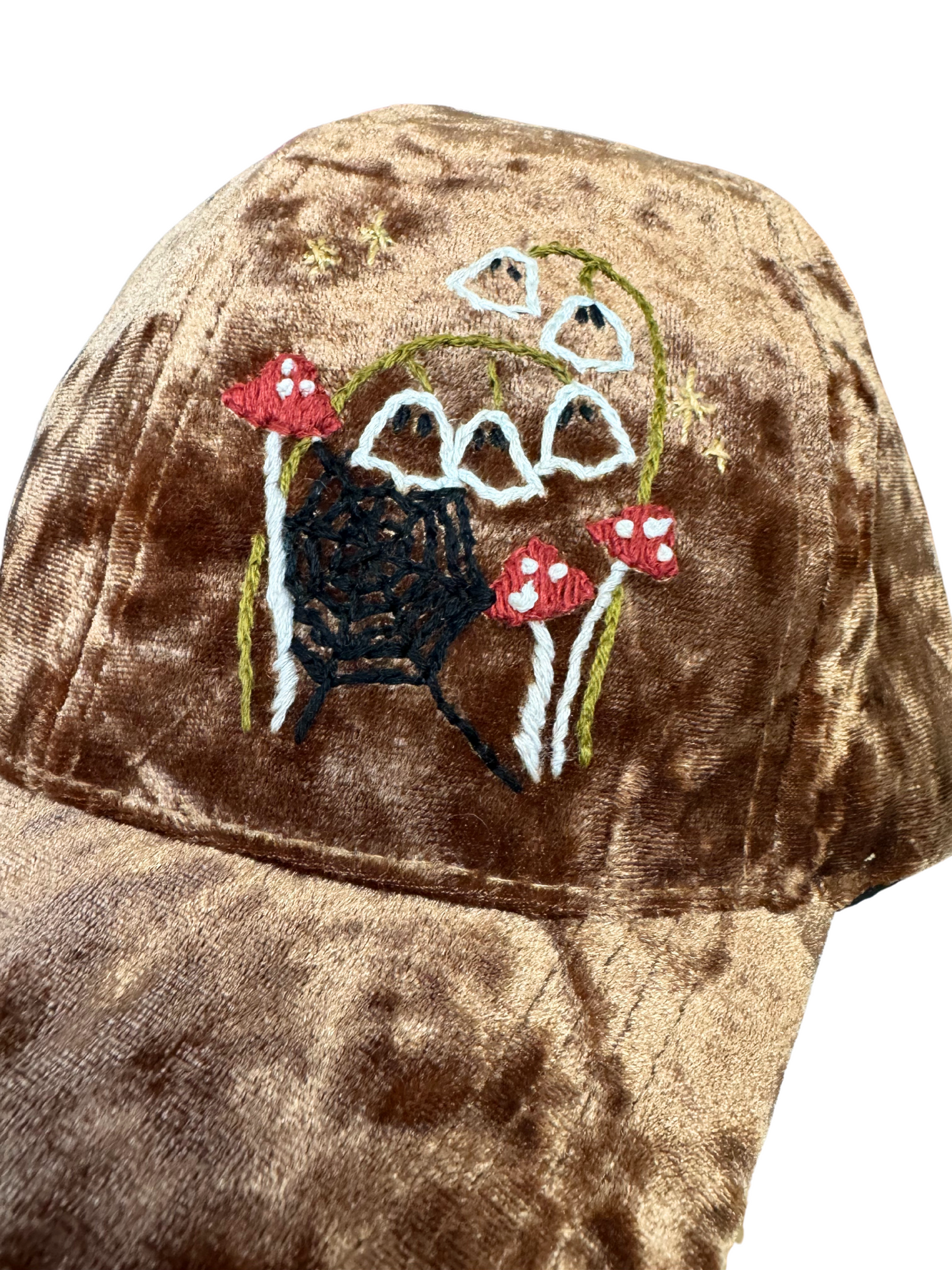 Brown Velvet Hat – Hand-Embroidered Mushroom and Spider Web Design, Ready to Ship, Made in Kansas City