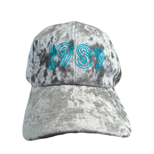 Grey velvet "1989" hat with teal embroidery, Taylor Swift inspired design, handmade in Kansas City.