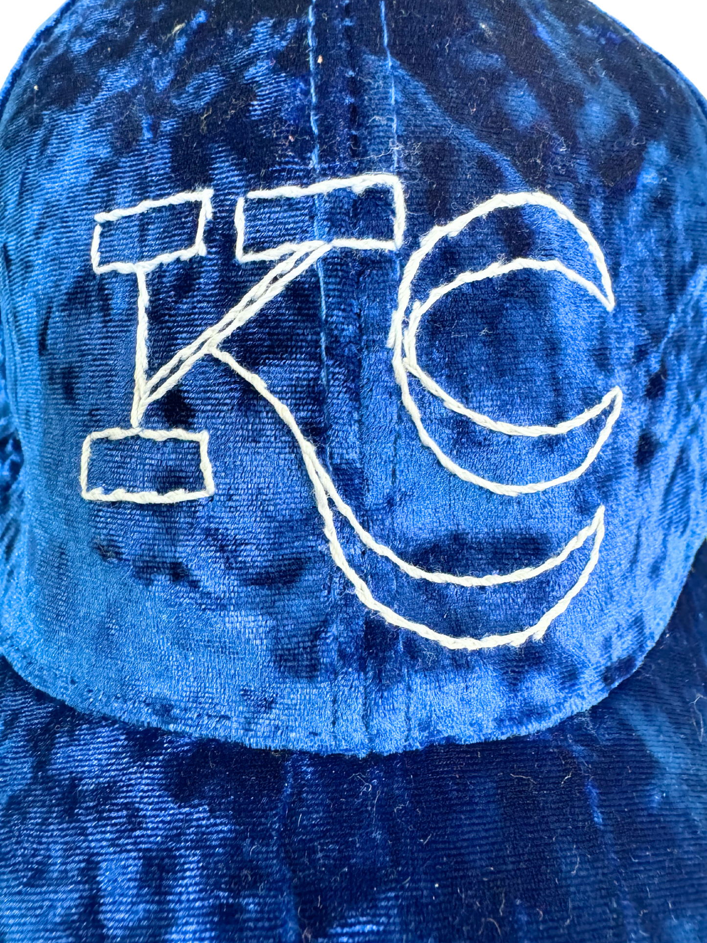 Royal Blue Velvet KC Hat – Hand-Embroidered KC Logo in Royals Colors, Ready to Ship, Made in Kansas City