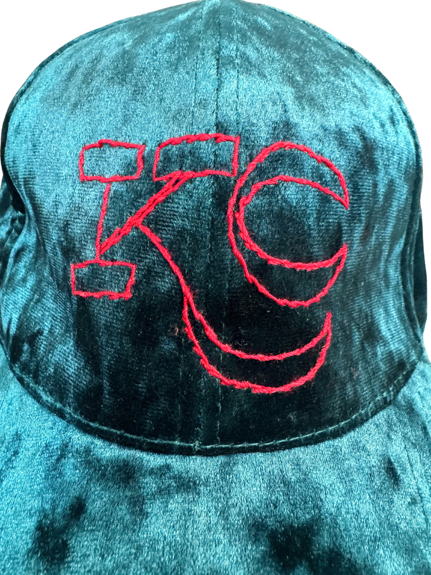 Teal Velvet KC Hat – Hand-Embroidered KC Logo in KC Current Colors, Ready to Ship, Made in Kansas City