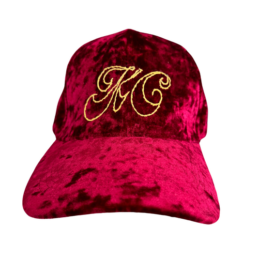 Burgundy velvet KC hat with hand-embroidered gold script logo, Kansas City made, ready to ship.