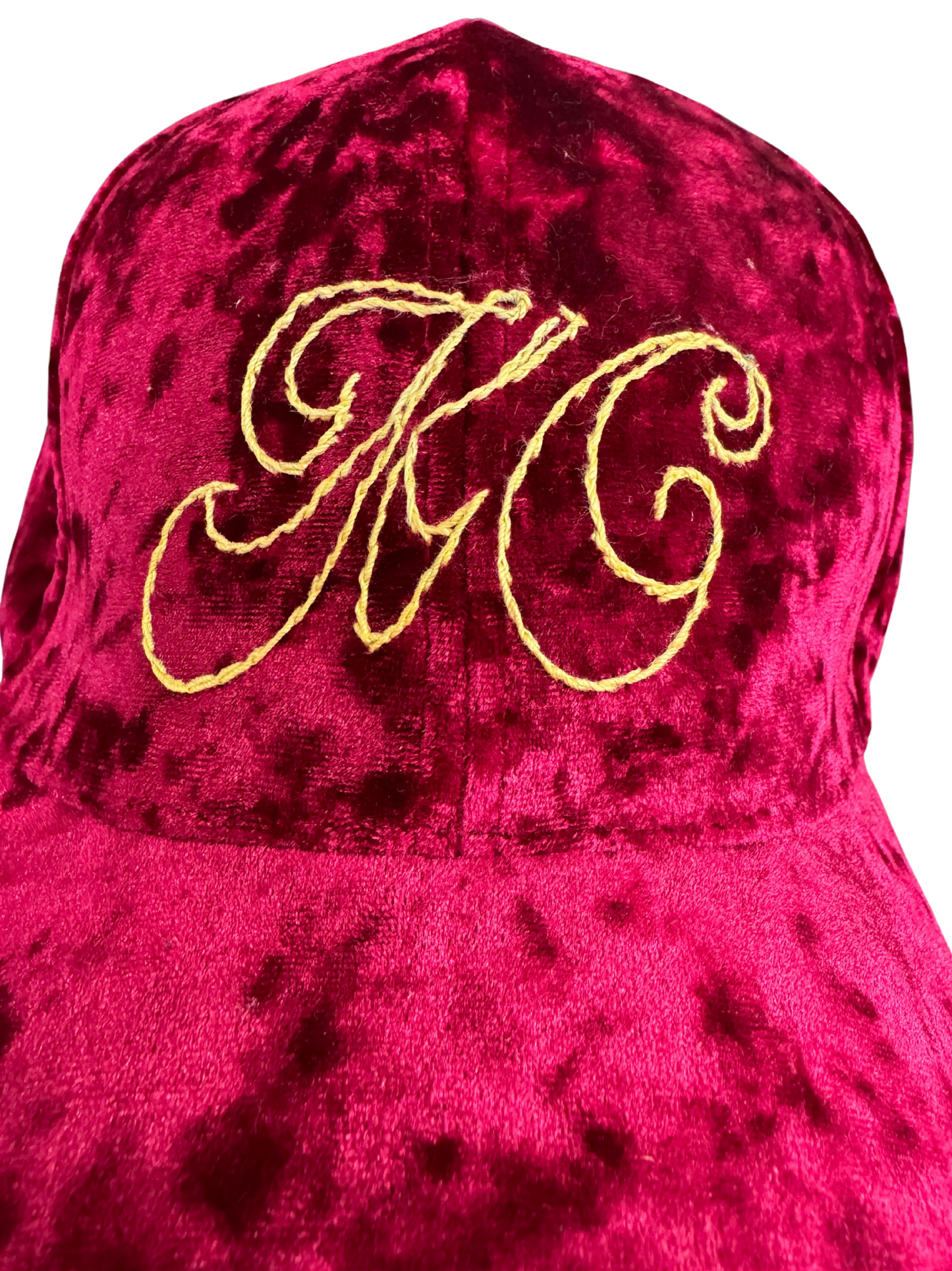 Burgundy Velvet KC Hat – Hand-Embroidered Script KC Logo, Ready to Ship, Made in Kansas City